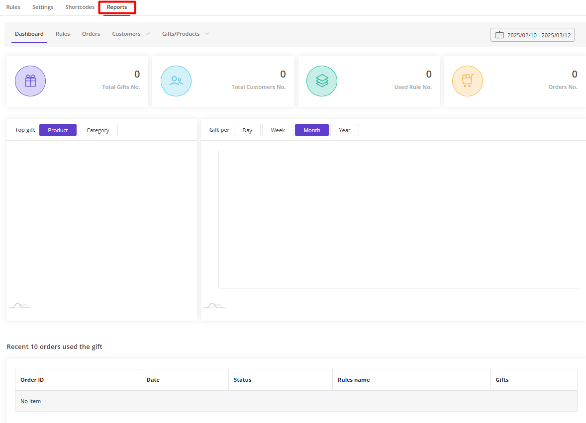 Opening reports tab in free gifts plugin