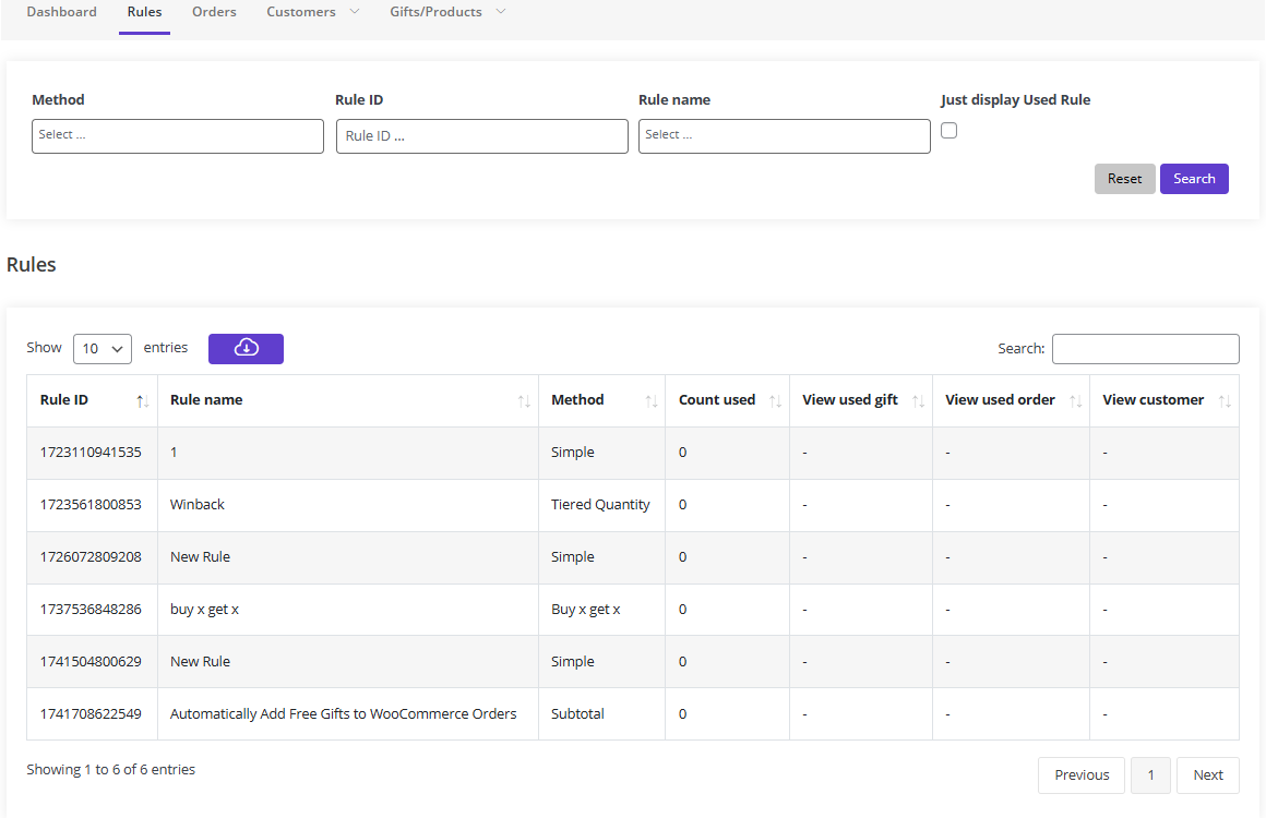 View list of rules and click to add new rule button in rule tab
