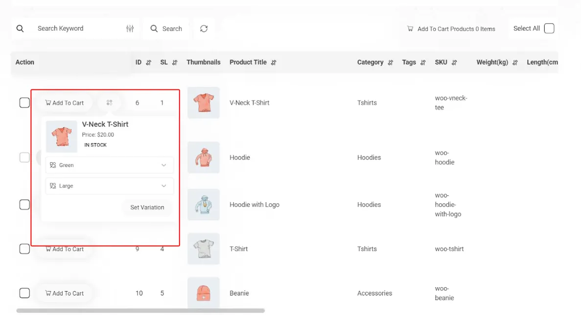 Design product table with add variable ability