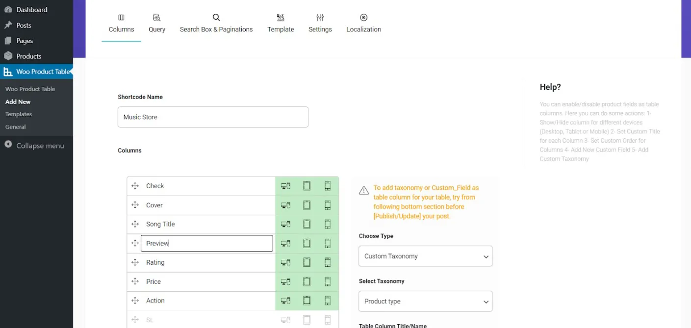 WooCommerce product table column manager