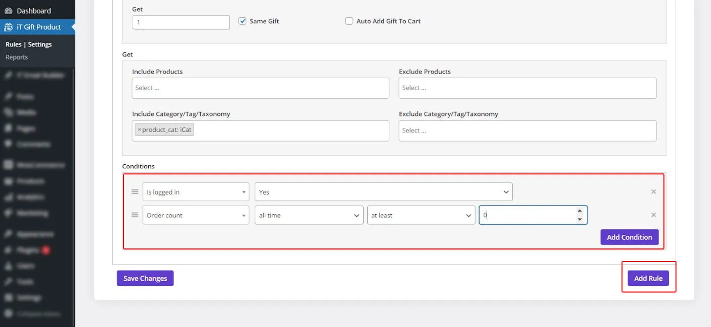 Set condition in WooCommerce free gift plugin