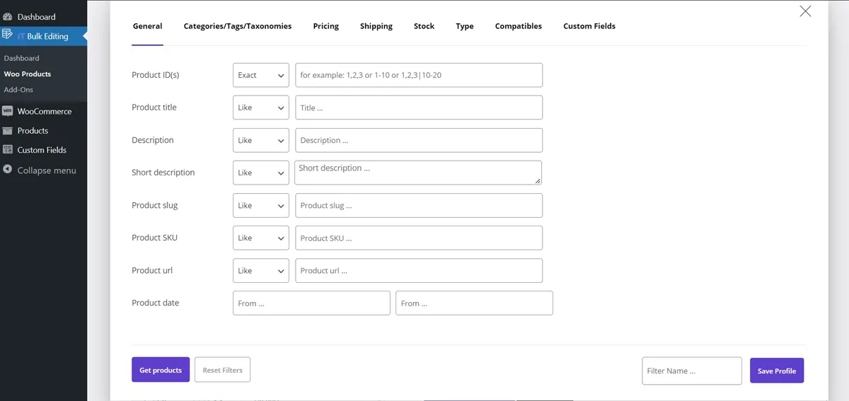 WooCommerce product bulk edit filter form