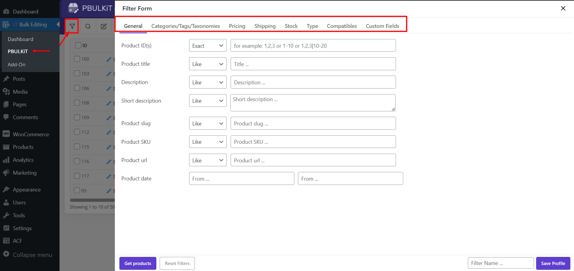 filter products by flexible filter form in WooCommerce product bulk edit plugin