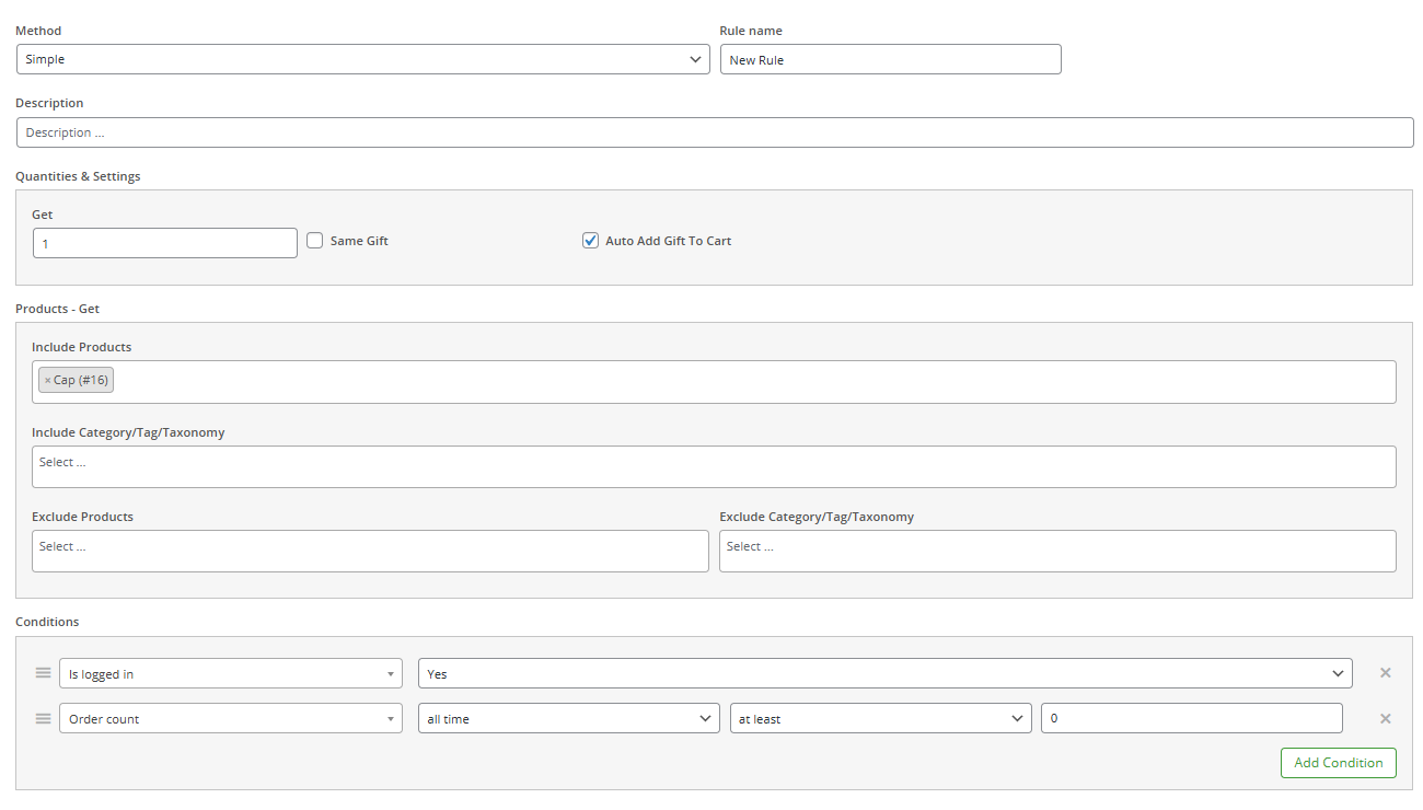 Rule for newly registred users in free gift for woocommerce plugin