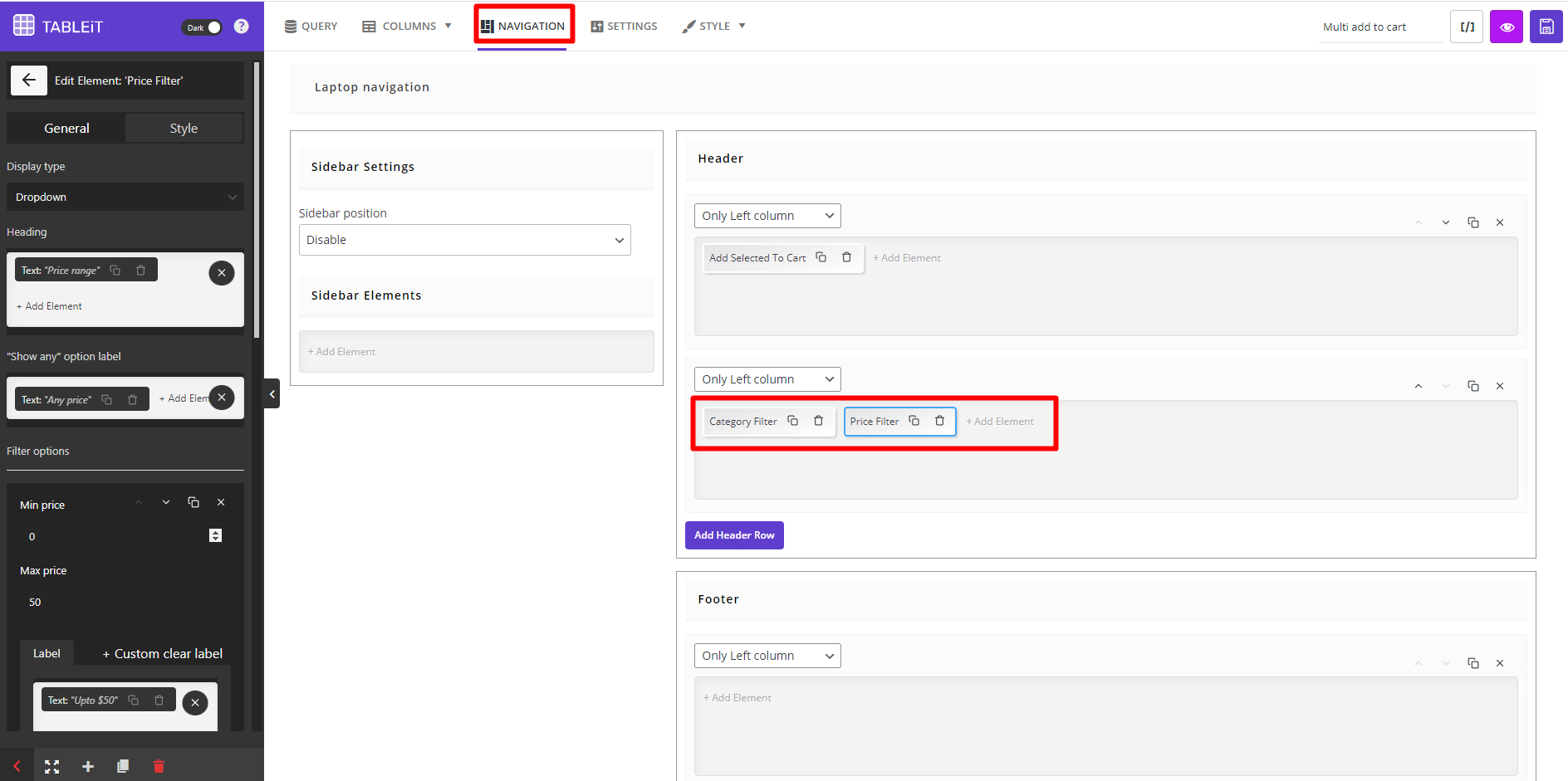select category and price filter element for header in navigation tab