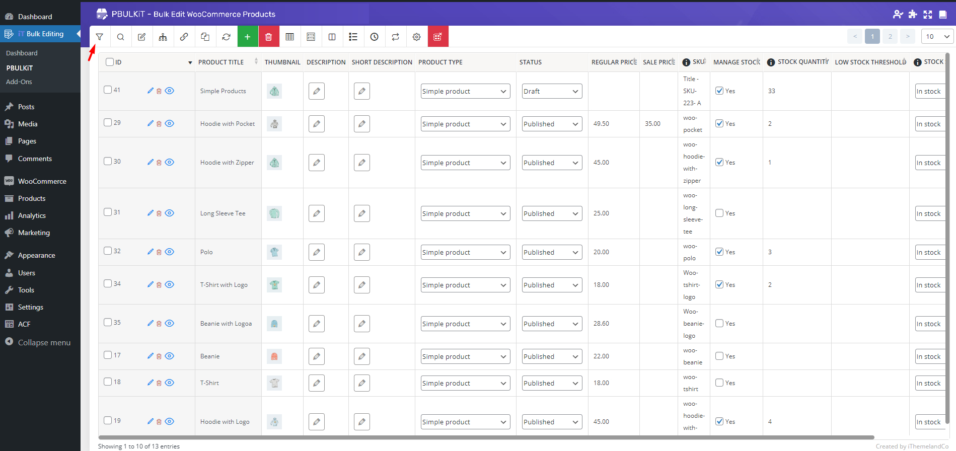 select filter button in filter products in bulk edit plugin WooCommerce