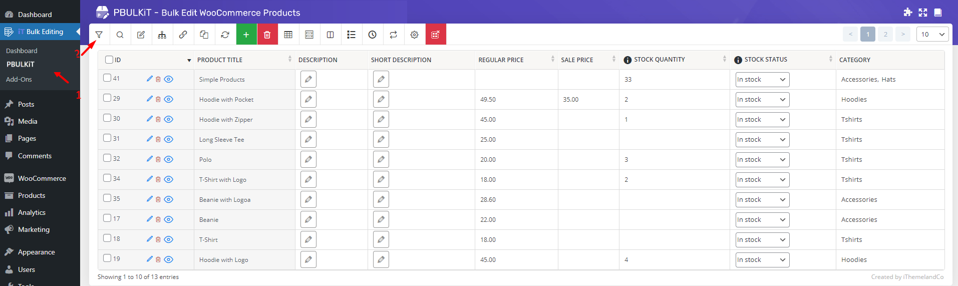 select woo products menu and choose filter button in bulk edit plugin