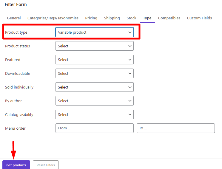 filter WooCommerce products by product type in WooCommerce products bulk edit plugin