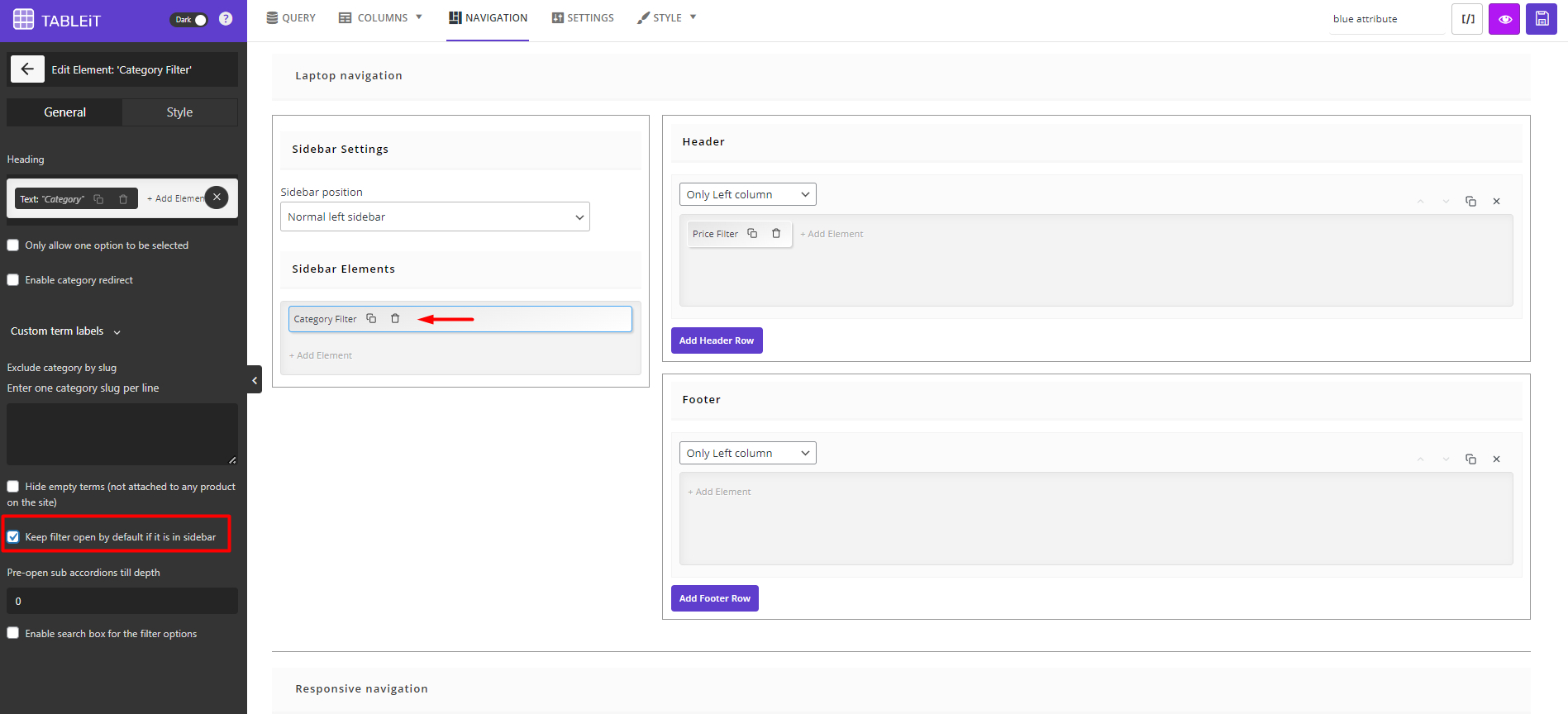 Add products category filter on pricing table