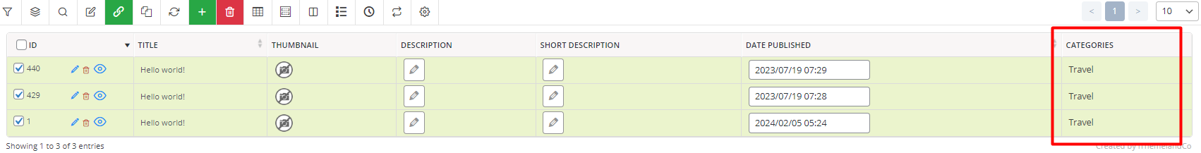 filter categories result in table