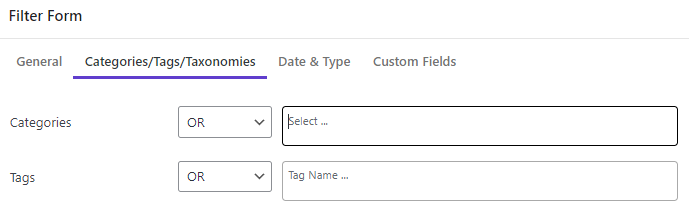 select filter categories in filter form