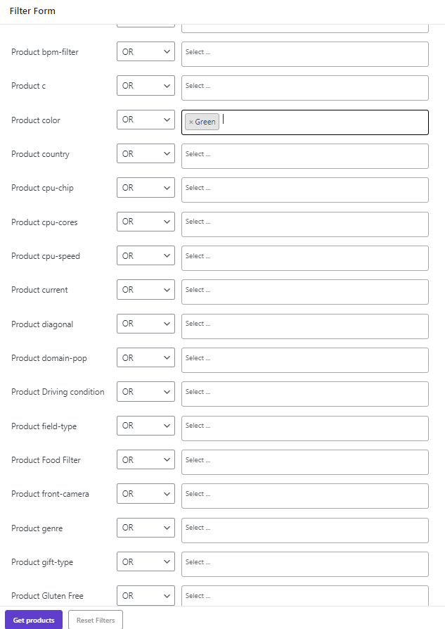 select green color for product color in Filter Form