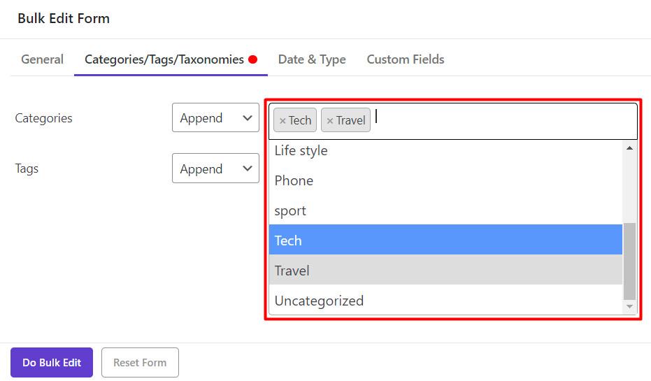 Categories/tags/taxonomies tab in bulk edit form