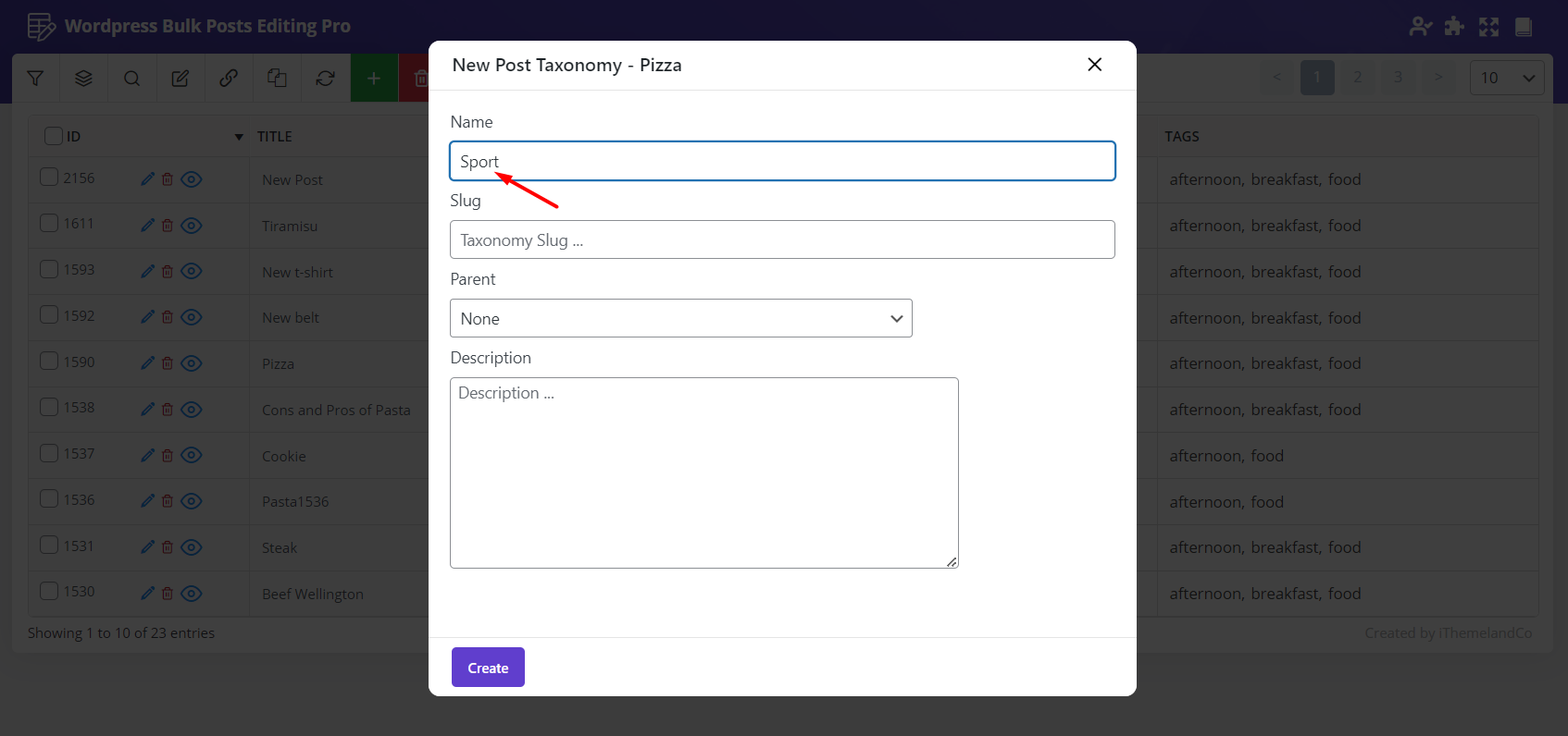 click on create button to add new category/ tag in tags form