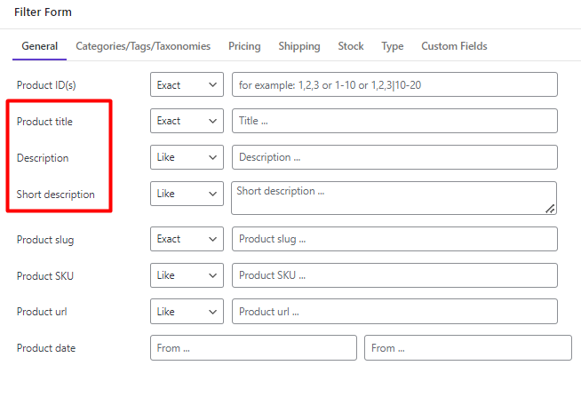 filter WooCommerce products by title, description or short description