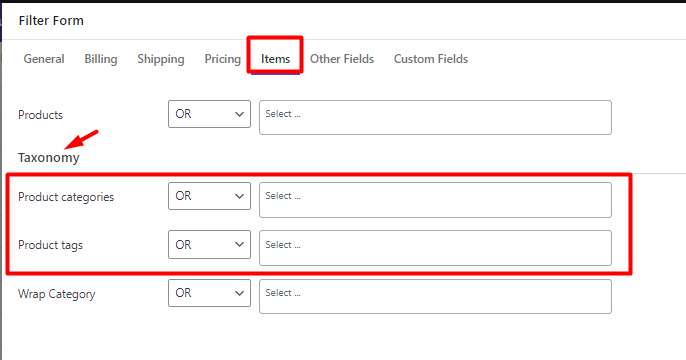 WooCommerce search orders by product categories/tags in item tab filter form