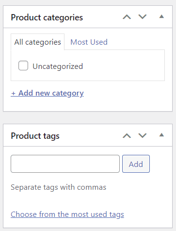WooCommerce product categories and tags meta box