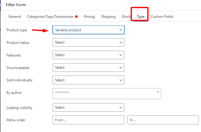 WooCommerce bulk filter by product type