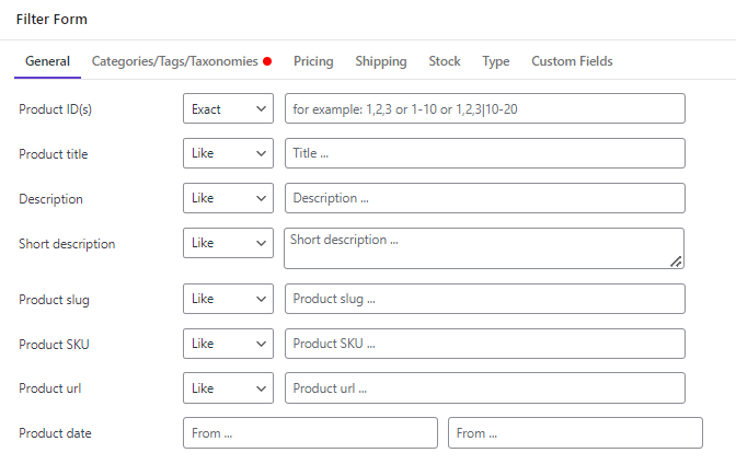 Filter form WooCommerce product bulk edit plugin