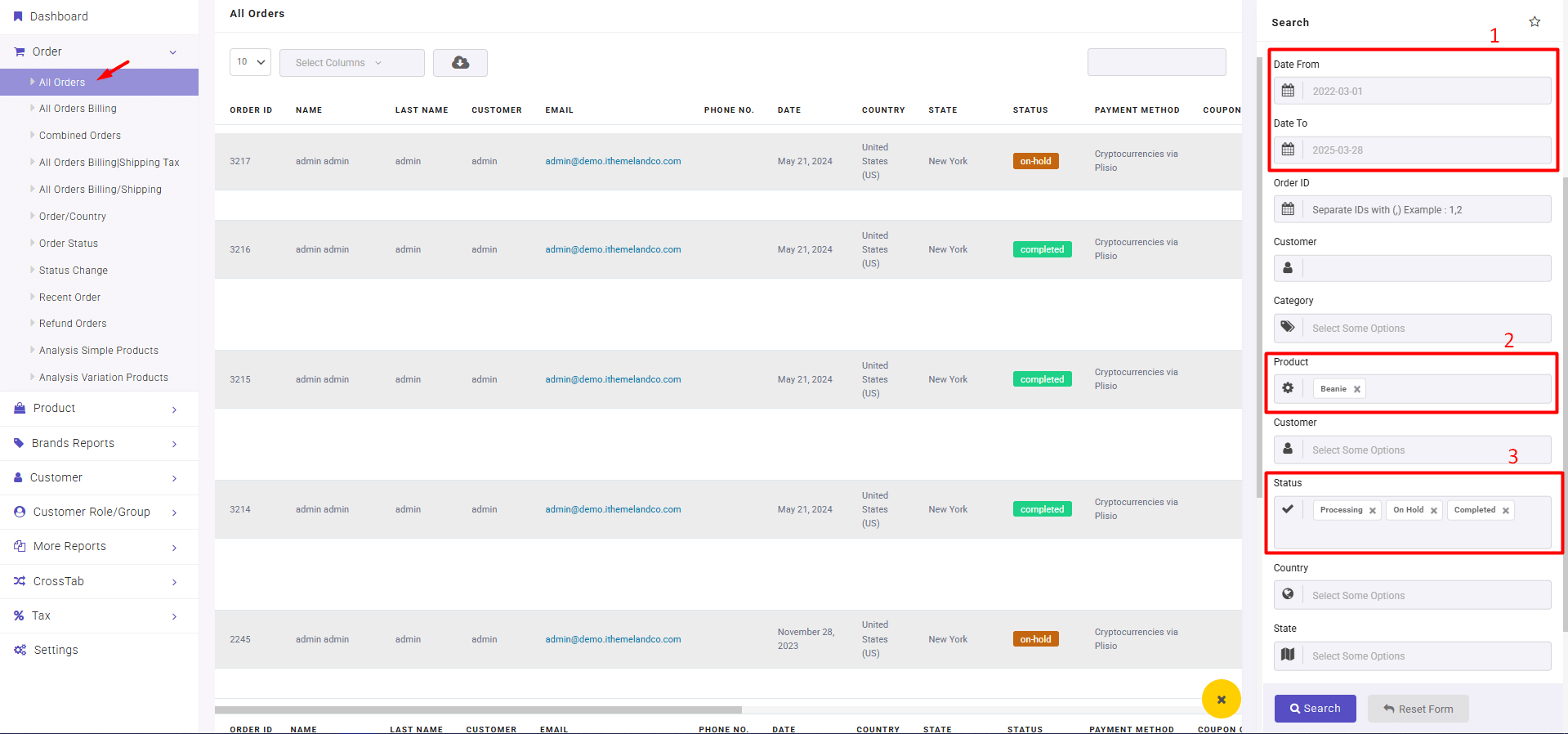 Export orders on specific criteria such as date and time