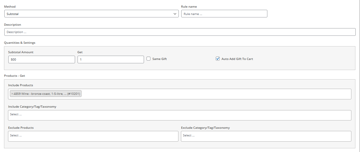 Set a subtotal rule free gift