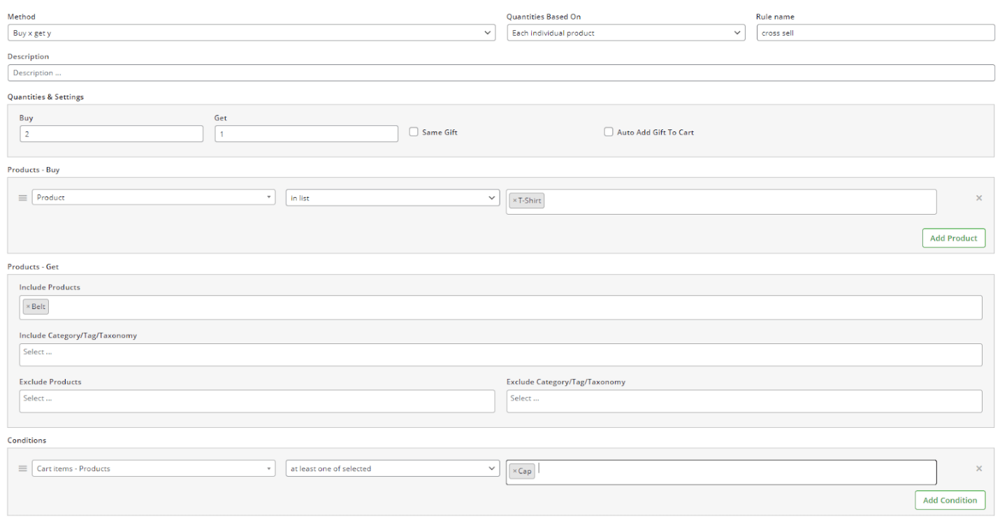 Example rule settings in rule form