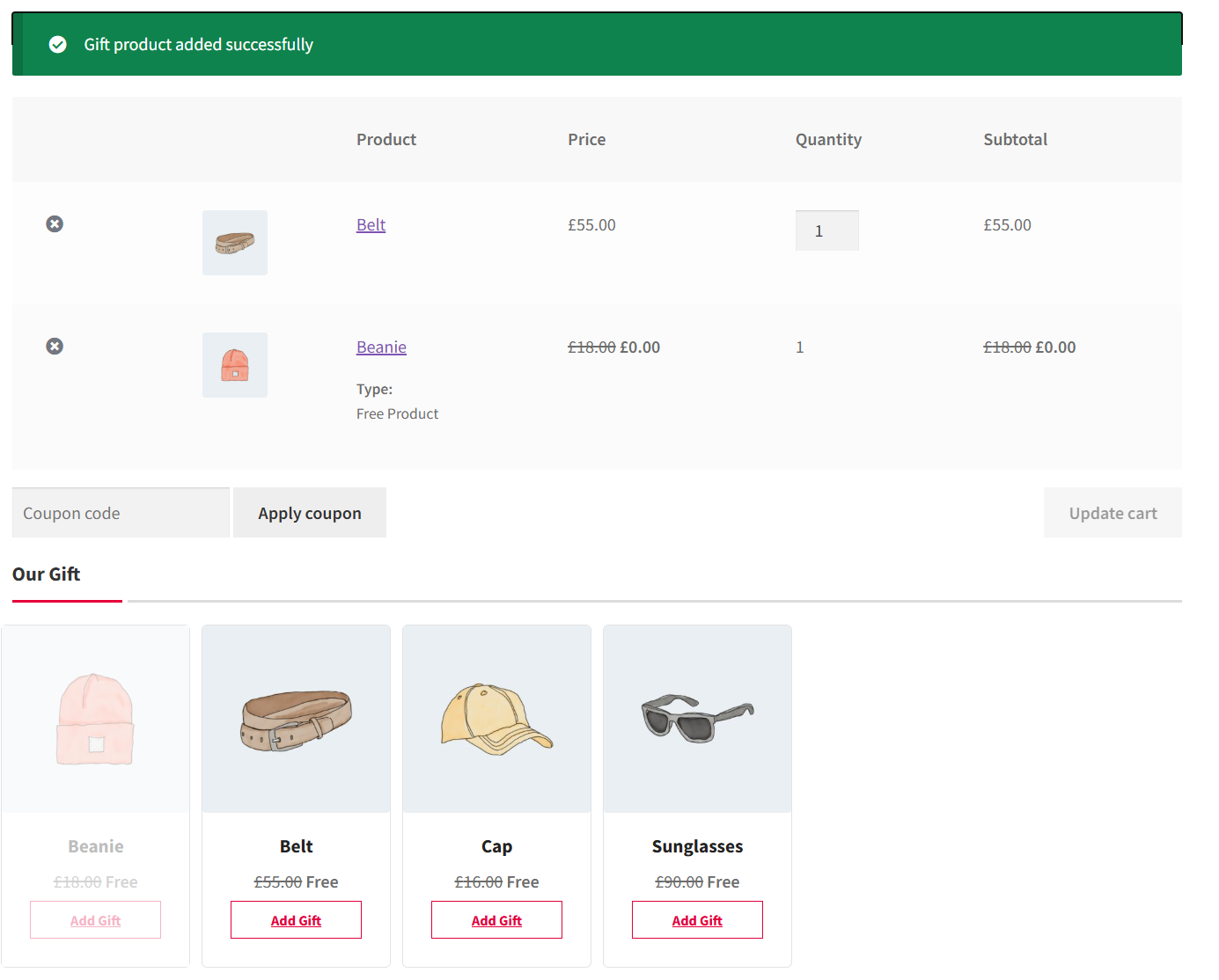 Offer free gifts in cart page as grid view