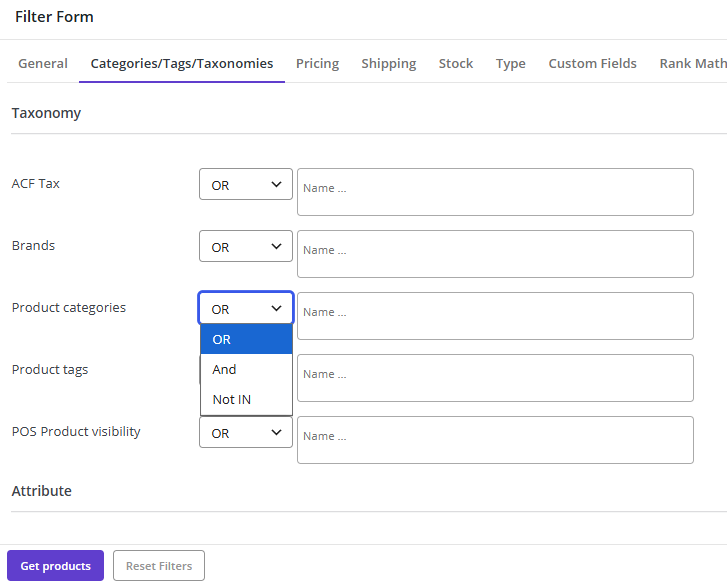 Filter porudcts by categories/tag/taxonomies