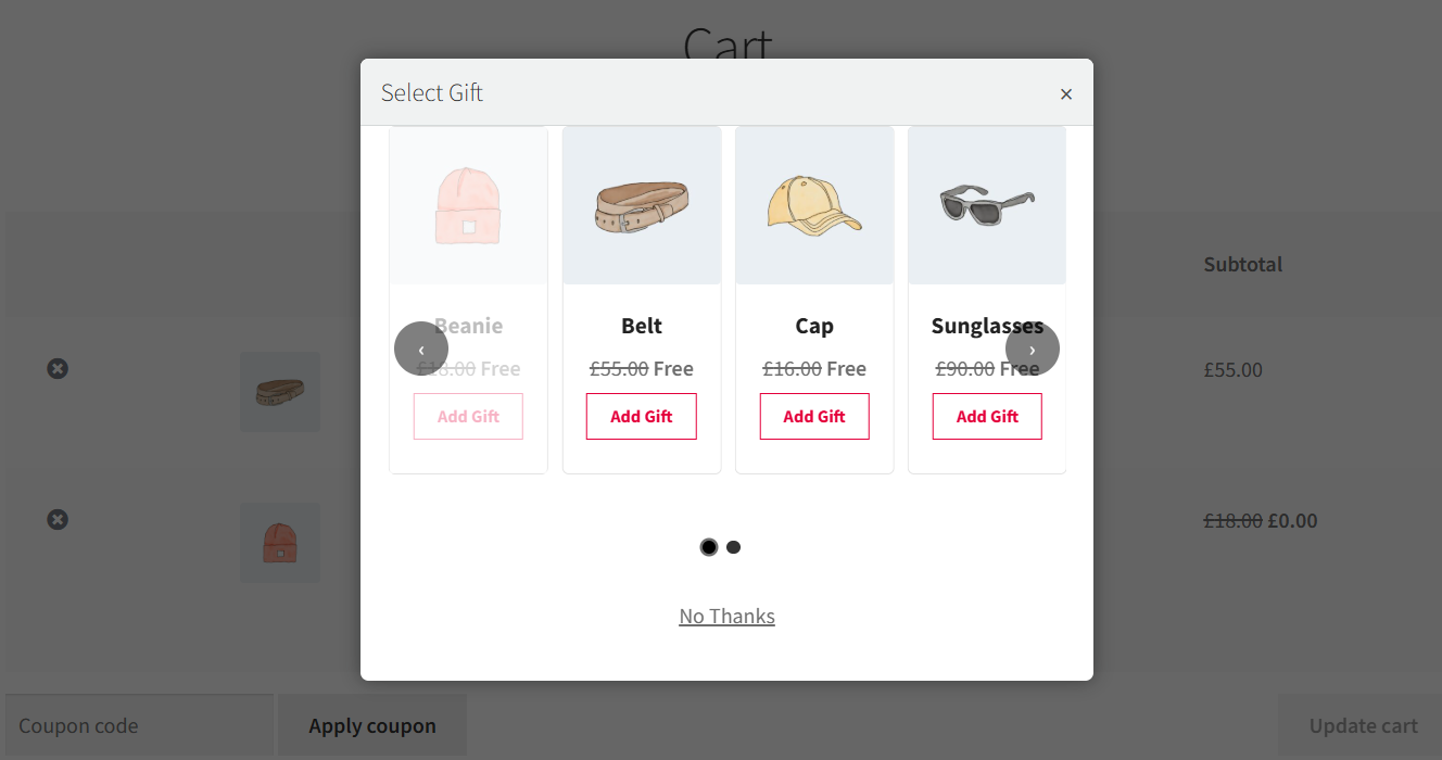 Display free gifts as popup in cart page