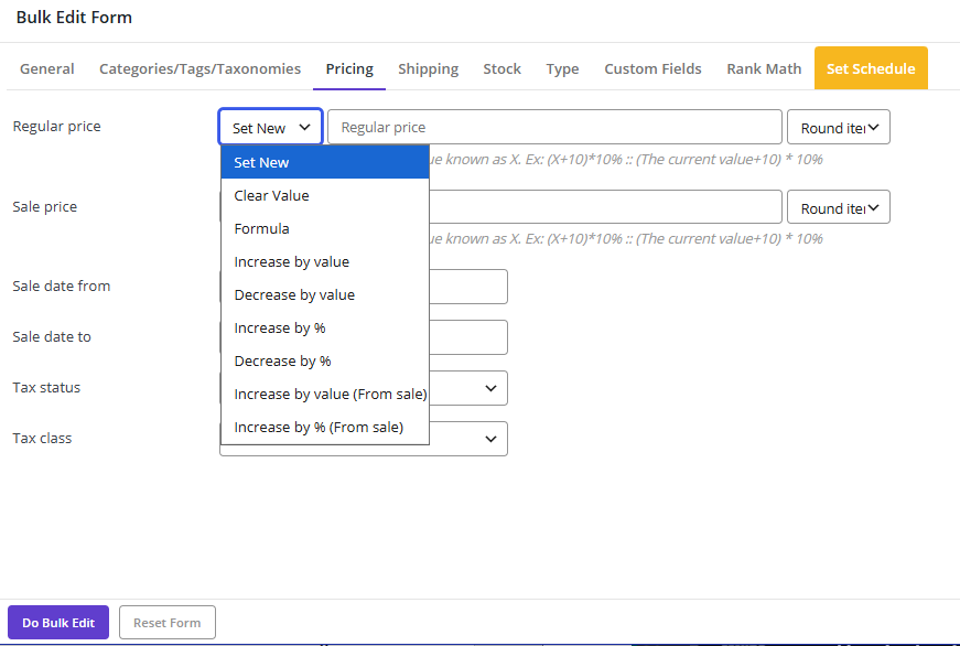 Bulk edit product prices using various operators
