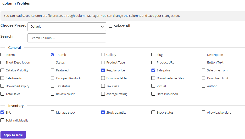 Choose columns to display in pbulkit table