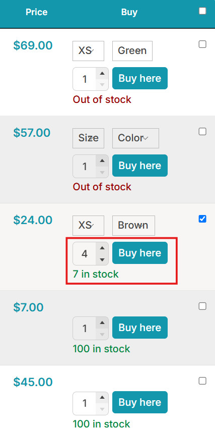 Select quantity in the table