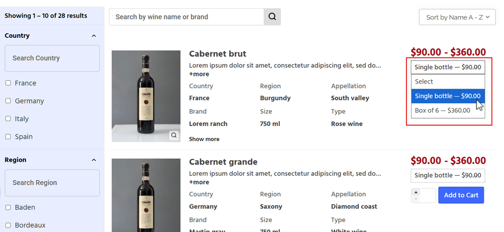 Select variations in product table