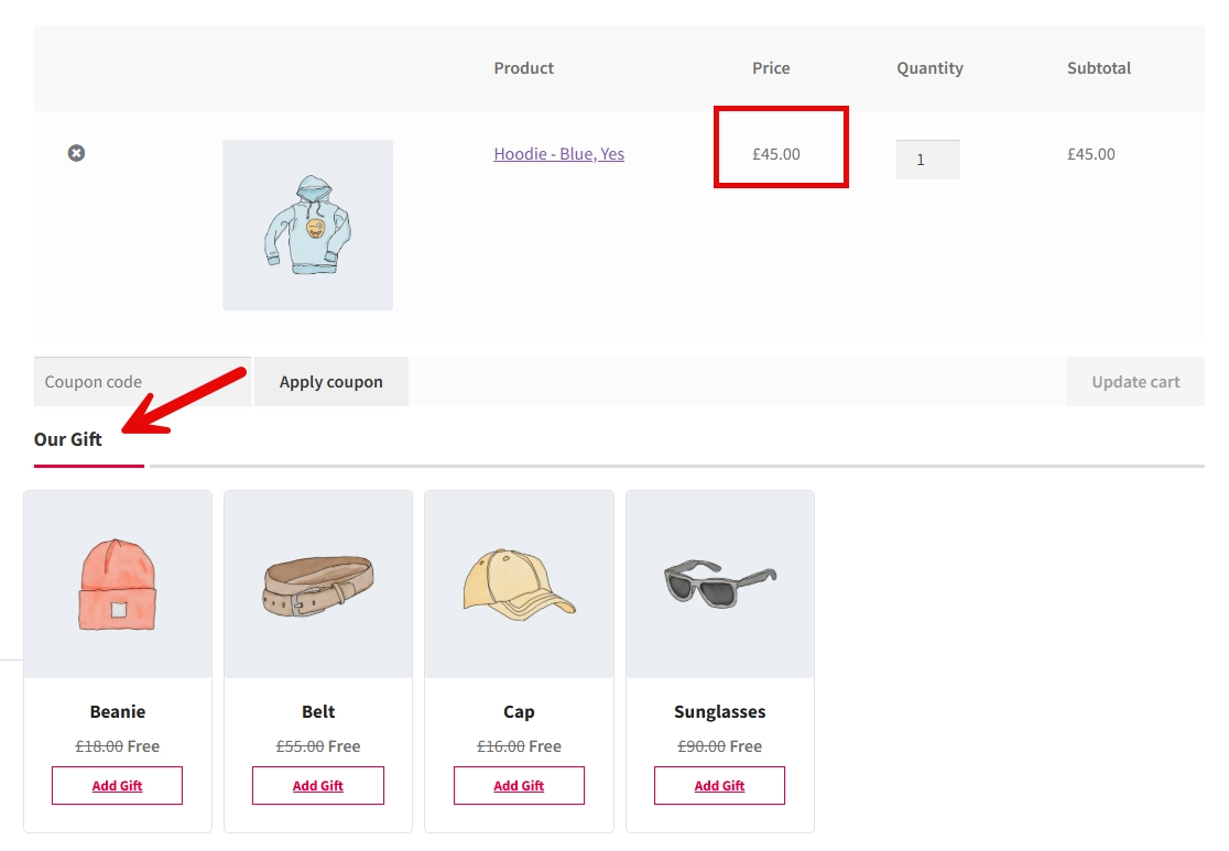 Result of display gift offers in cart page