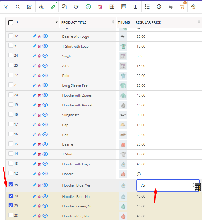 Inline edit variations price