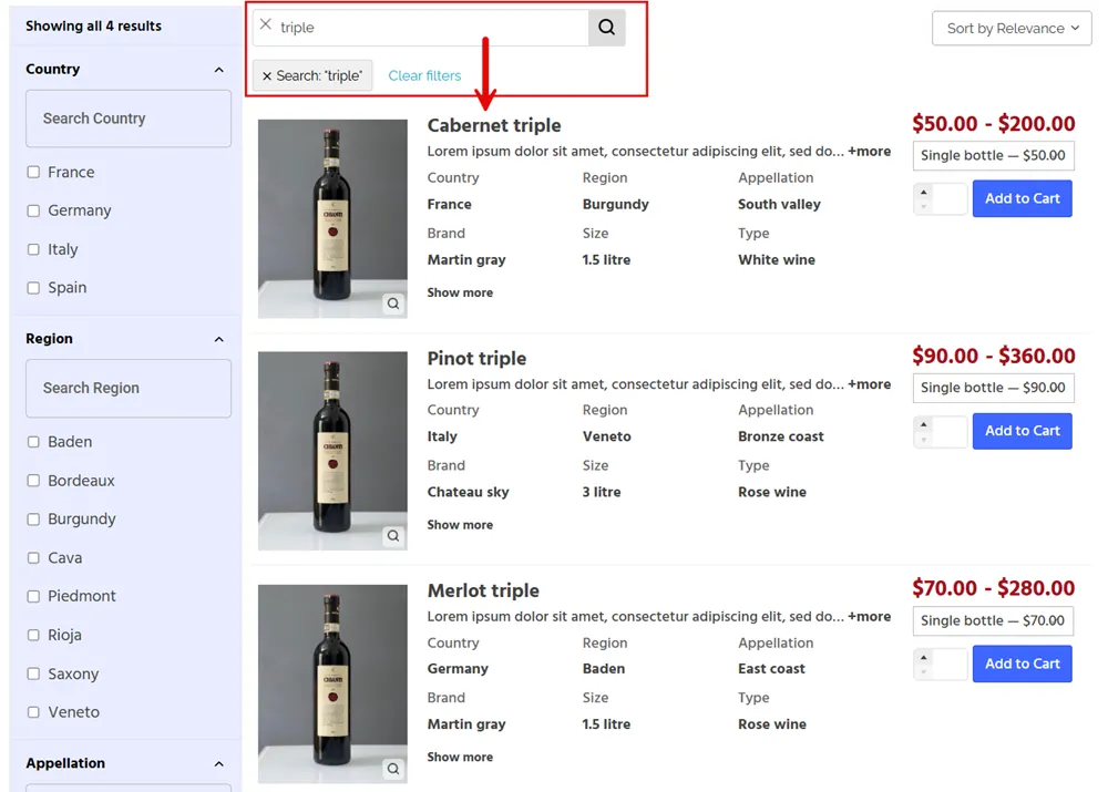 Real time search in product table