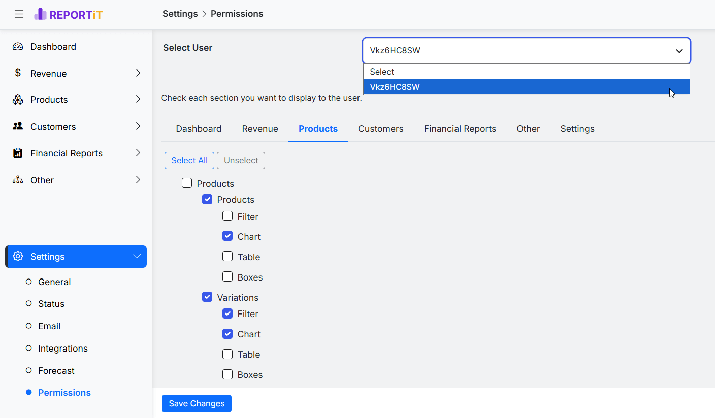 Select user to limit the permissions