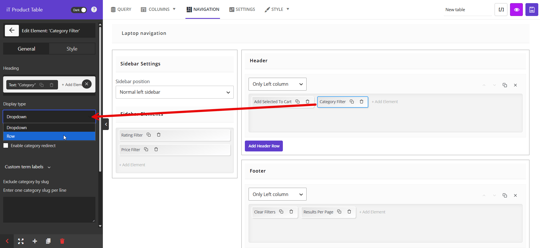 Customize filters in table