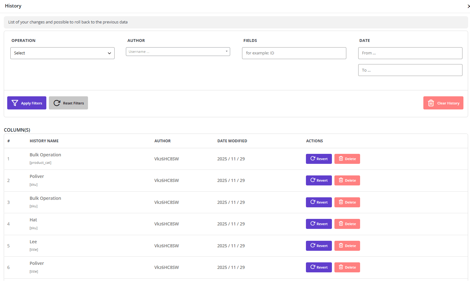 PBULKiT history of actions form