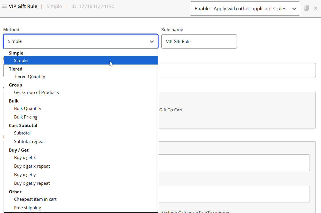 Choose Simple Adjustment for a WooCommerce lifetime spend gift rule