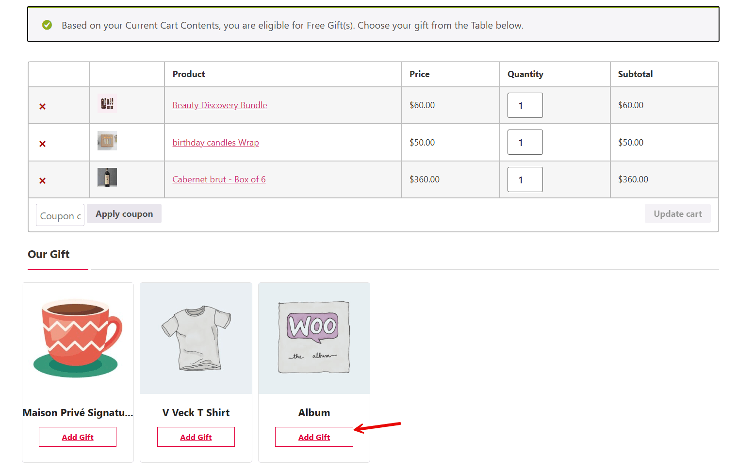 WooCommerce cart with free gifts for every $100 spent