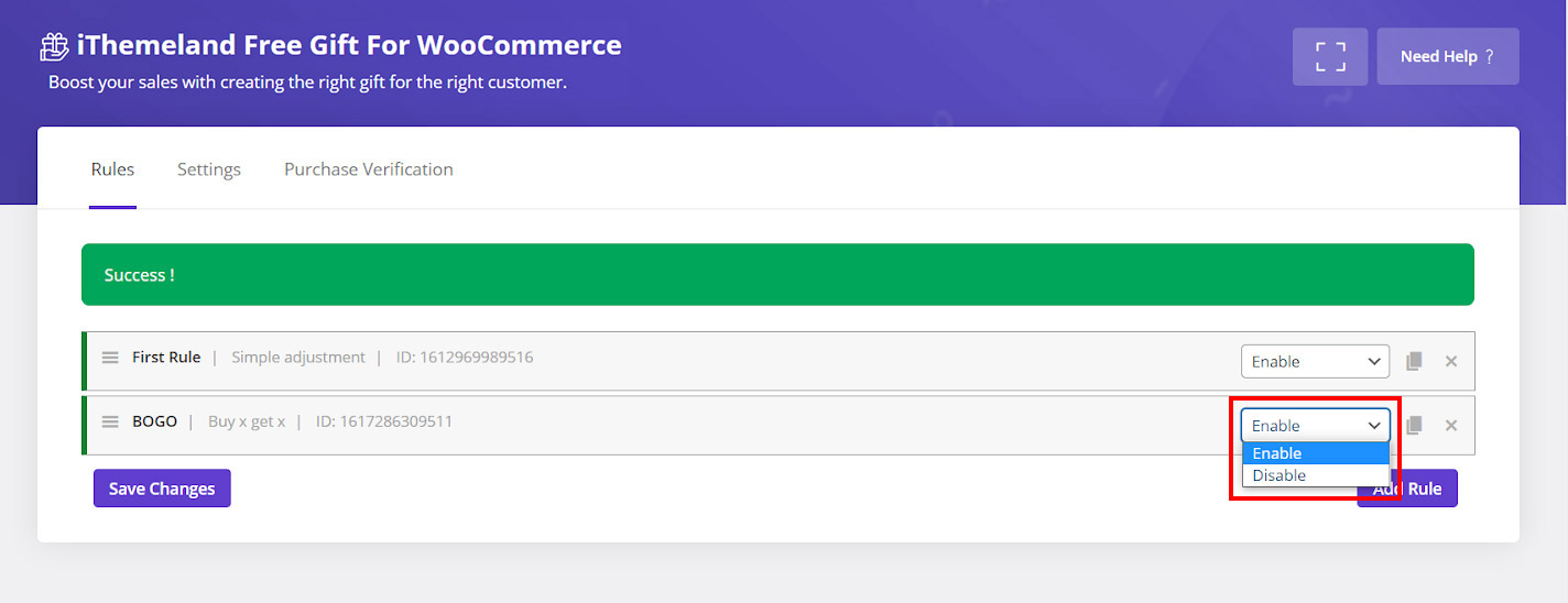 disable gifts rule in free gift for woocommerce 