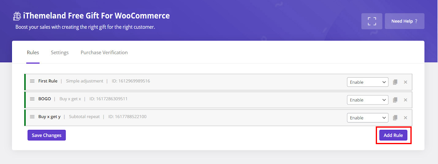 add rule button in WooCommerce product gift plugin