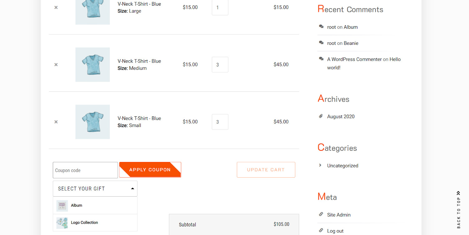 customer view of buy X get Y in Woocommerce product gift plugin