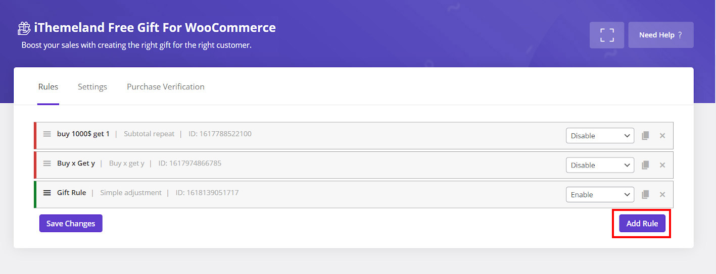 add new rule button in WooCommerce product gift plugin