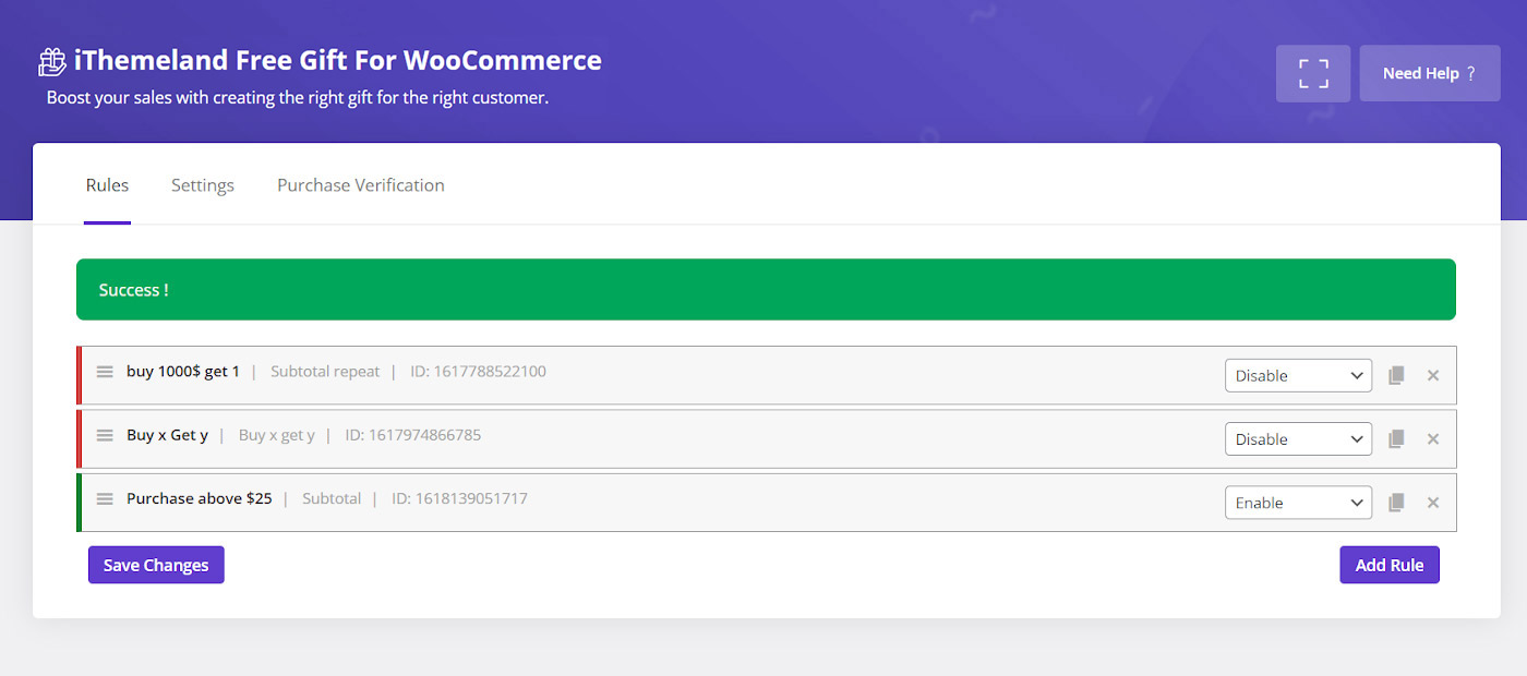 save gift rule in free gifts for WooCommerce plugin