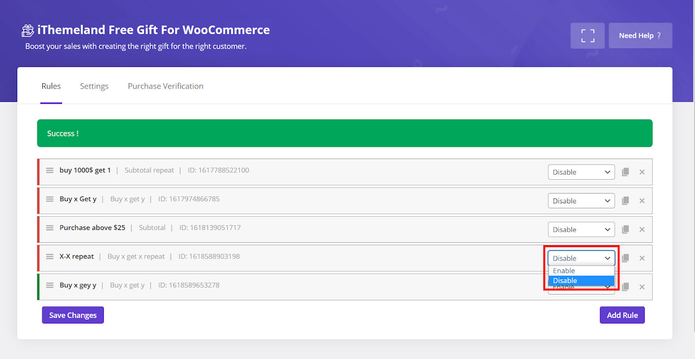 disable or enable the free gift in WooCommerce gift products plugin