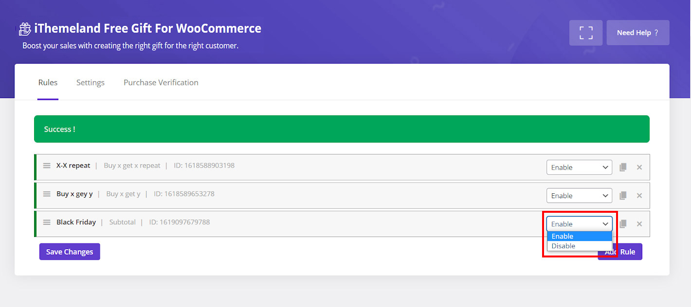 enable or disable gifts in WooCommerce product gift plugin