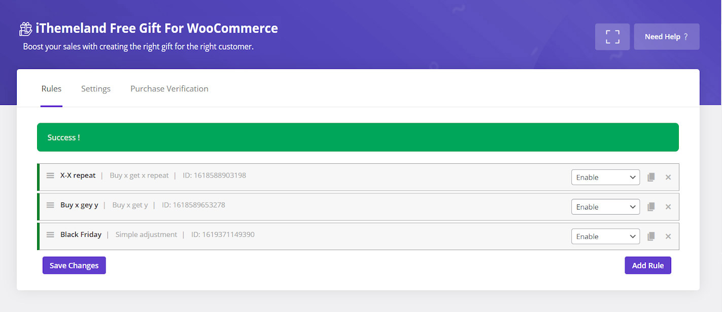 save rule in free gifts for woocommerce plugin