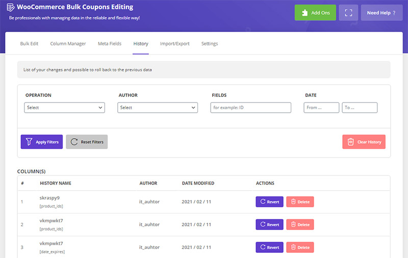 Revert history changes in WooCommerce Bulk Coupons Editing by ithemelandco